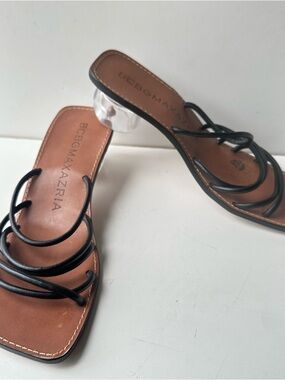 BCBGMAXAZRIA Women's Strappy Heeled Sandals Black Brown Clear Lucite Heel Size 7